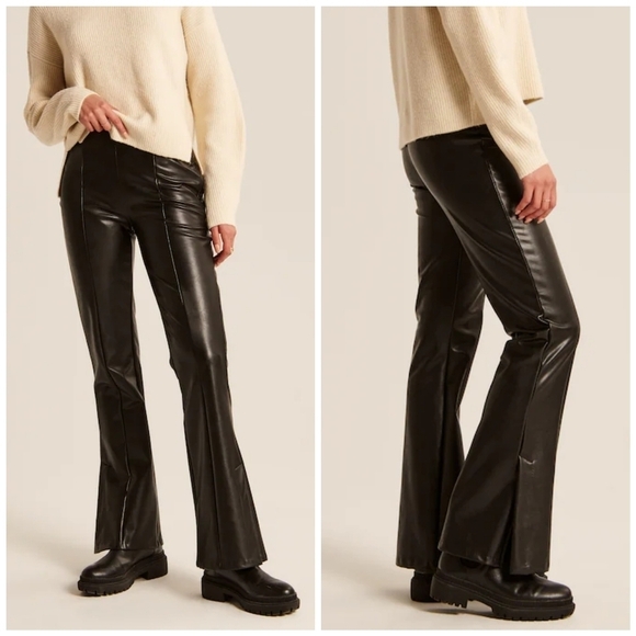 A&F Black High Rise Vegan Leather Split Hem Flared Trouser Pants